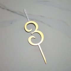Свеча-топпер декоративная акриловая Цифра "3" Золото 