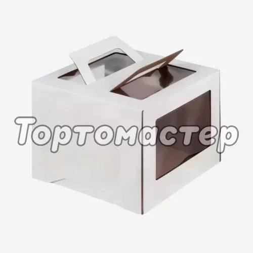 Коробка для торта с окном и ручками белая 20х20х15 см 